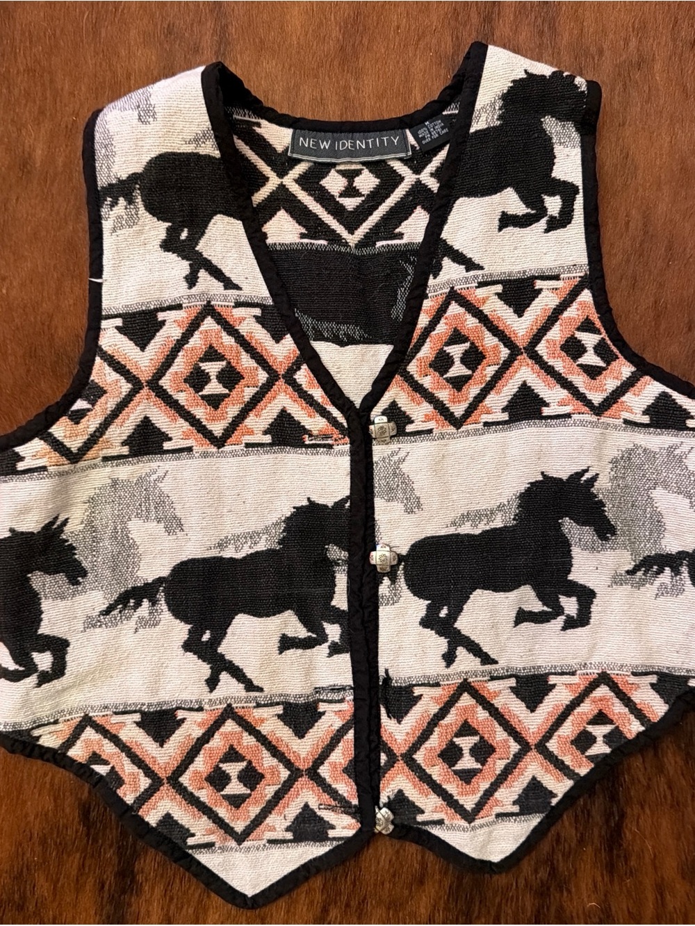New Identity Women's Black & Cream Horse Pattern Vest with Peach Accents